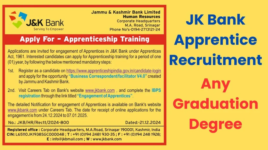 Jammu & Kashmir Bank Apprentice Recruitment 2024